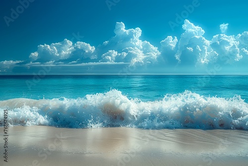 Tranquil Tropical Beach Paradise with Vibrant Blue Ocean, Gentle Waves, and White Clouds on a Sunny Day © pisan