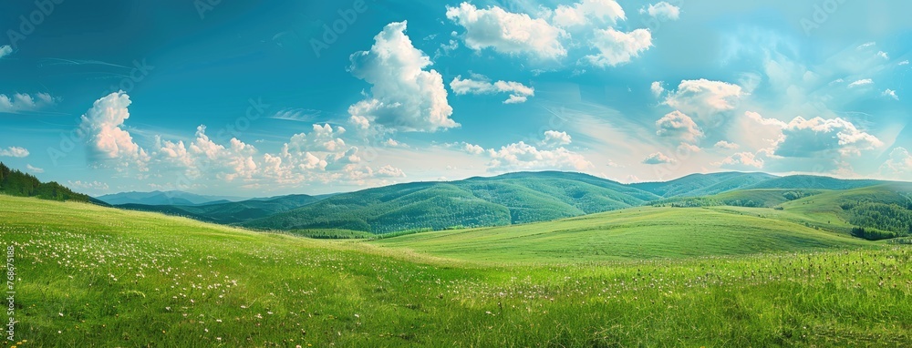 a green meadow perched on a hillside, surrounded by the fresh colors of spring, with a majestic mountain range looming in the background, offering a sweeping panoramic view of natural splendor. a green meadow perched on a hillside, surrounded by the fresh colors of spring, with a majestic mountain range looming in the background, offering a sweeping panoramic view of natural splendor.