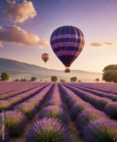 Hot air balloons float serenely over vibrant lavender fields as the setting sun casts a warm glow. This picturesque scene captures the peaceful coexistence of adventure and nature. AI generation