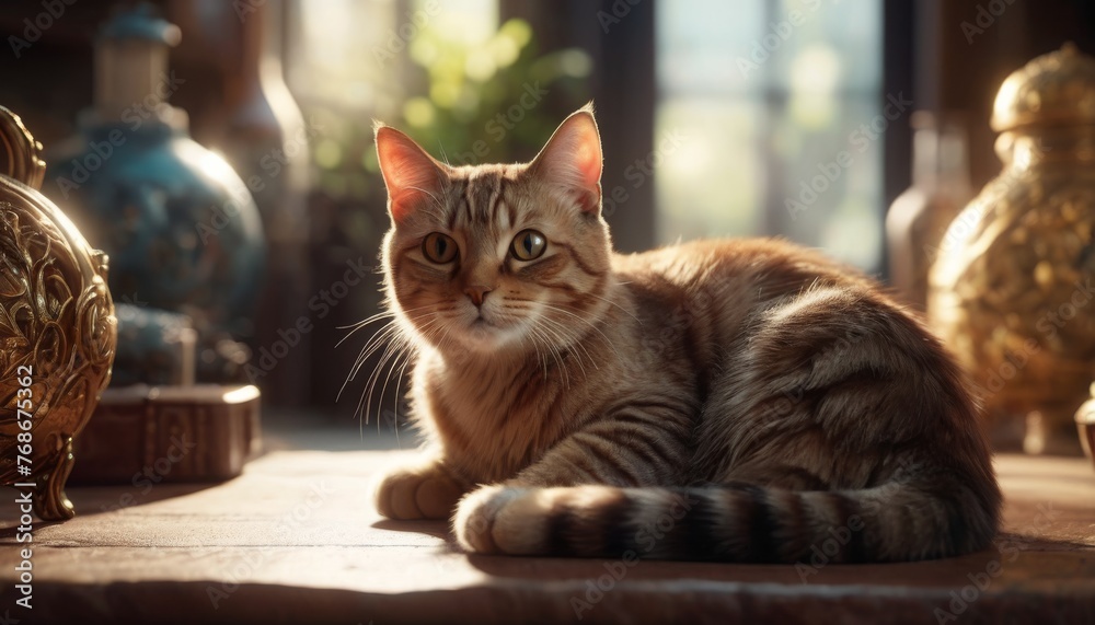 A thoughtful domestic cat sits in a sunlit room, exuding calm and curiosity. The golden light accents its striped fur and gentle eyes, creating a peaceful scene. AI generation A thoughtful domestic cat sits in a sunlit room, exuding calm and curiosity. The golden light accents its striped fur and gentle eyes, creating a peaceful scene. AI generation