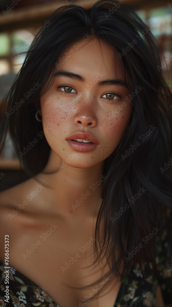A photo of a mixed-race woman. United States, Cambodia, the Philippines, Norway, Morocco, Mexico, Spain, United Kingdom, Korea, Japan, China A photo of a mixed-race woman. United States, Cambodia, the Philippines, Norway, Morocco, Mexico, Spain, United Kingdom, Korea, Japan, China