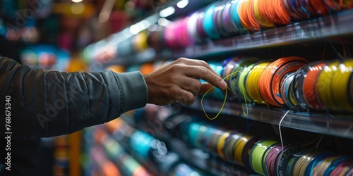 A person is reaching for a colorful string of beads photo