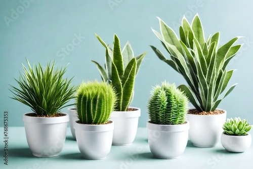 Set of artificial green houseplants in white pots