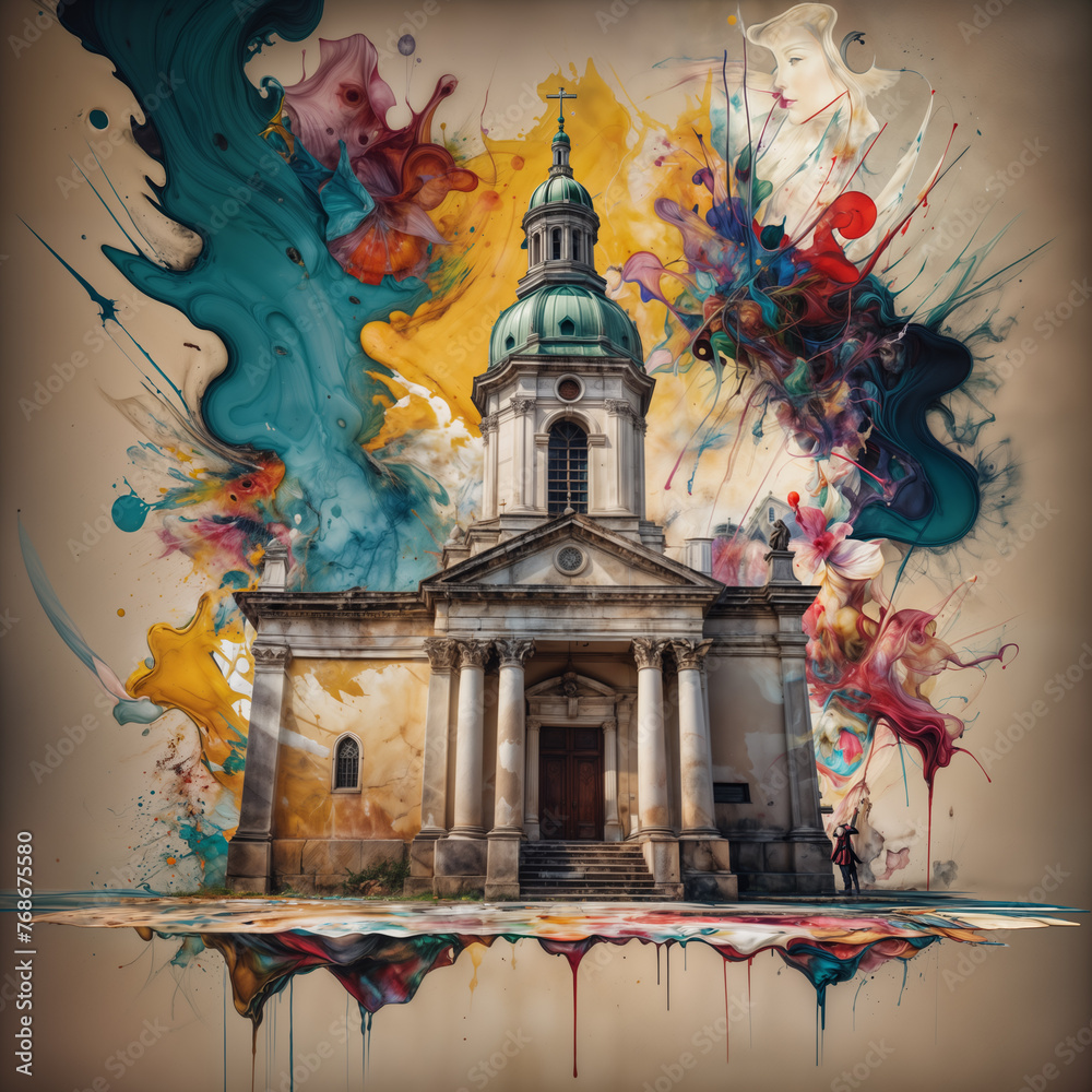 church with a green dome is painted in watercolor. It is surrounded by colorful abstract elements, including a red balloon and a splash of orange church with a green dome is painted in watercolor. It is surrounded by colorful abstract elements, including a red balloon and a splash of orange