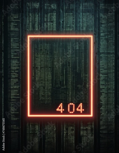 A glowing neon red border frames a bold 404 error sign, set against a dense background of code. This image signifies the iconic web error in a visually striking way. AI generation AI generation