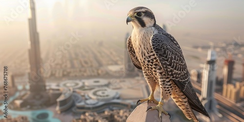 A falcon perched on a ledge in front of a city skyline photo