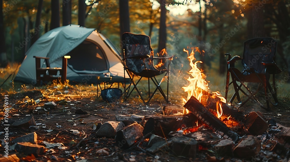 Beautiful bonfire with burning firewood near chairs and camping tent in forest. Campfire by a chairs and a tent. Generative Ai