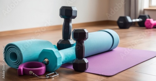 A home fitness setup with a turquoise yoga mat  black dumbbells  and resistance bands. The equipment is thoughtfully organized on a wooden floor for an effective workout. AI generation