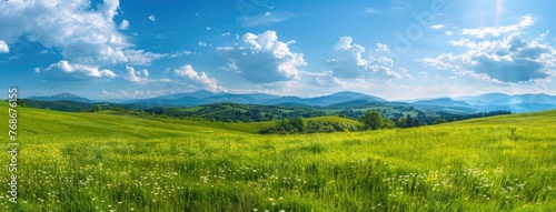 a green meadow perched on a hillside, surrounded by the fresh colors of spring, with a majestic mountain range looming in the background, offering a sweeping panoramic view of natural splendor. © lililia