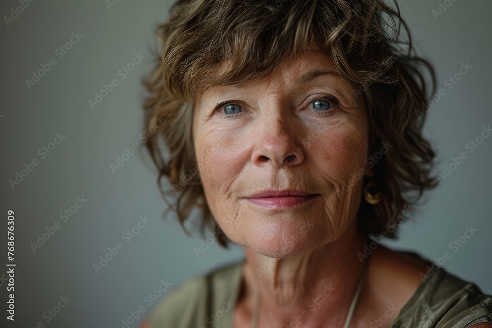 Portrait of senior woman looking at camera with serious expression in grey background