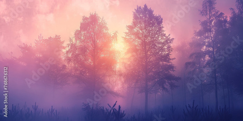 A mystical scene with a sunrise enveloped by mist, silhouetting trees against a pastel-colored sky