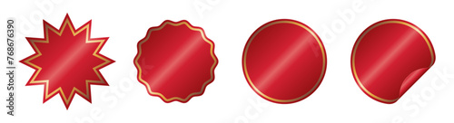 Set of red and gold blank stickers on transparent background.