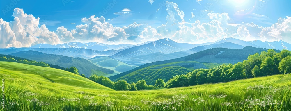 a green meadow perched on a hillside, surrounded by the fresh colors of spring, with a majestic mountain range looming in the background, offering a sweeping panoramic view of natural splendor.