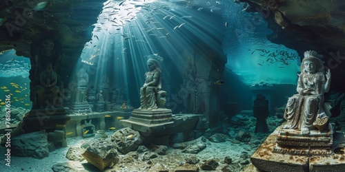 A series of statues of Hindu gods and goddesses are shown in a cave-like setting