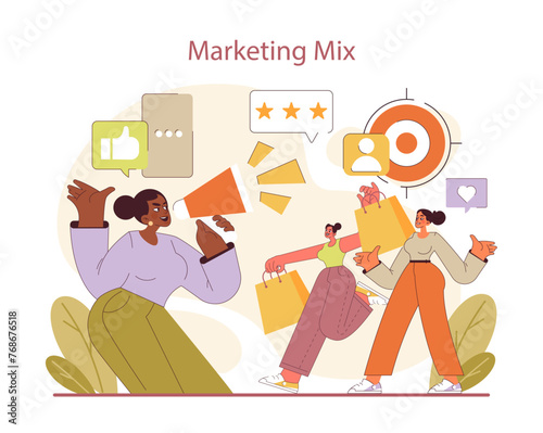 Marketing Mix strategy. Exuberant announcement of brand engagement and consumer interaction.