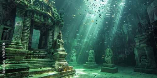 A series of statues of Hindu gods and goddesses are shown in a cave-like setting photo