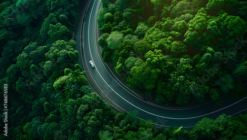 Aerial view of dark green forest road and white electric car Natural landscape and elevated roads Adventure travel and transportation and environmental protection concept © NaLan