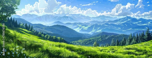 a green meadow perched on a hillside  surrounded by the fresh colors of spring  with a majestic mountain range looming in the background  offering a sweeping panoramic view of natural splendor.