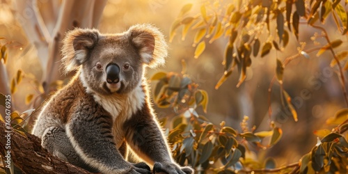 A koala is sitting on a branch in a forest photo