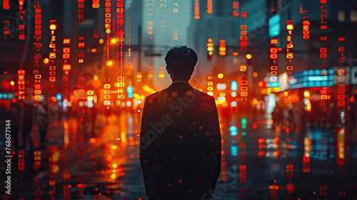 businessman in a silhouette double exposure. in the background is stock chart