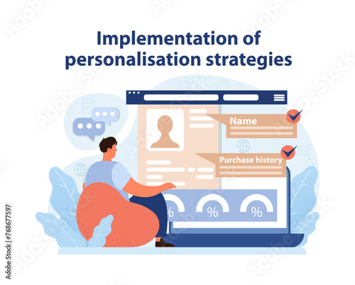 Personalization Strategy Implementation. Marketer optimizing customer profiles for targeted experiences.