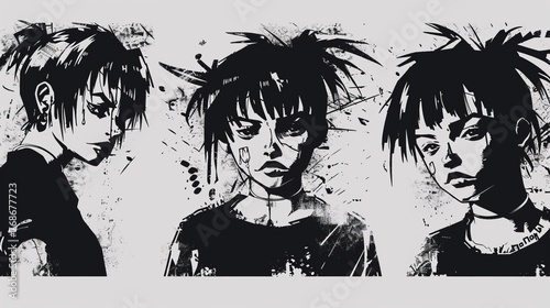 Cool grungy y2k anime manga collage set with a negative photocopy effect . Rough brutal elements for 90s vintage design. Ai generation.