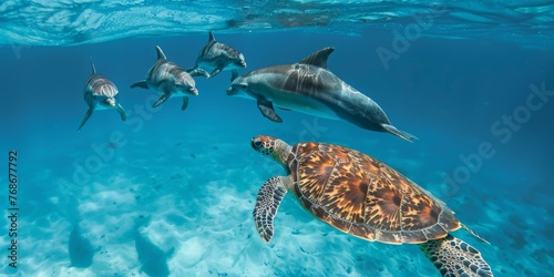 A turtle swims in the ocean with a group of dolphins