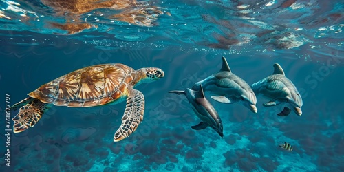 A turtle swims in the ocean with a group of dolphins © xartproduction