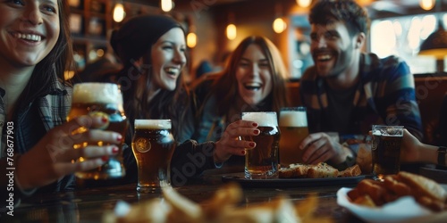 A group of people are sitting around a table with glasses of beer © xartproduction