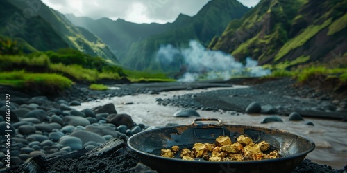 A pan full of gold is sitting on a rocky riverbank photo