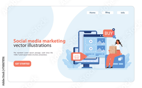Social Media Marketing Strategy. Engaging online audience with targeted social media advertising. Flat vector illustration of online shopping via social networks.