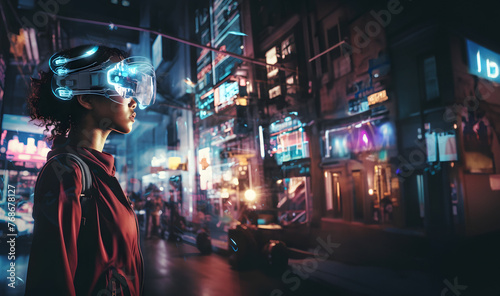 Smiling african woman with fashion sunglasses enjoying the cyber space city neon light .future virtual reality concept.