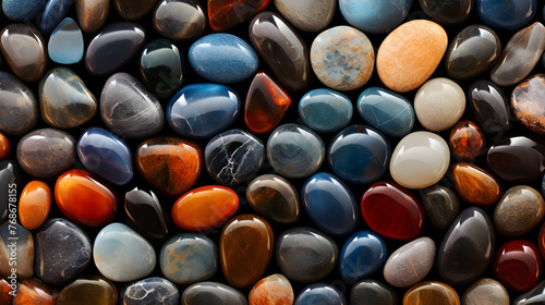 Top view, background of colorful stones, minerals and precious stones. Texture of sea pebbles Multicolored stones of different shapes and textures. Semiprecious stones.