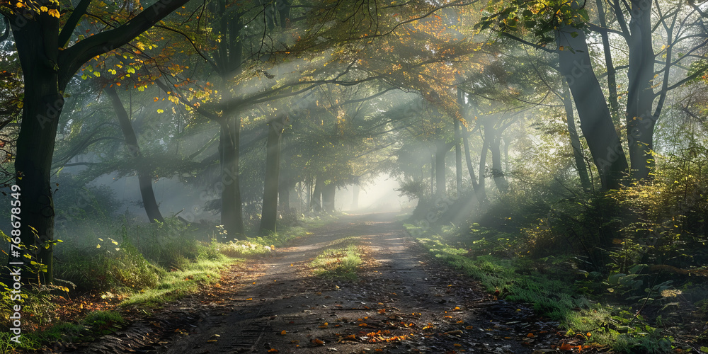 Obraz premium A tranquil forest pathway is enveloped in morning mist, with sunbeams piercing through autumn-hued leaves