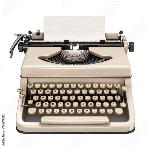 Beige retro vintage Typewriter With Paper isolated on a cut out PNG transparent background