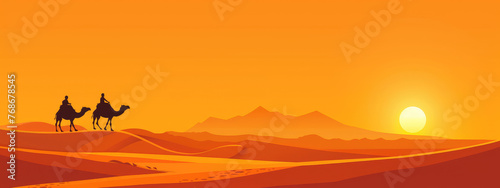 vector illustration of camels and bedouins traveling through the desert against a sunset background
