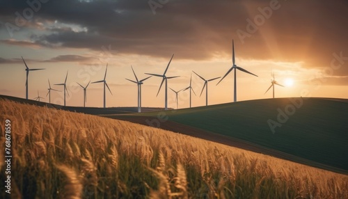 Warm sunset hues highlight the contours of a rolling hillside wind farm, encapsulating a blend of technology and the rhythms of nature. The image exudes a sense of hope for an energy-efficient future