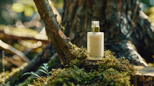 Displaying a cream tube mockup against a backdrop of the serene forest, highlighting its eco-friendly nature and use of natural components.