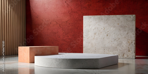 Fototapeta Naklejka Na Ścianę i Meble -  3D Podium Geometric Square Stone Pedestal to Display Jewelry Products in Volcanic Stone Concept in Minimal Style in Red Concrete Wall Background. banner, copy space, website, 3d rendering.