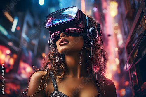 Smiling woman with fashion sunglasses enjoying the cyber space city neon light .future virtual reality concept. photo