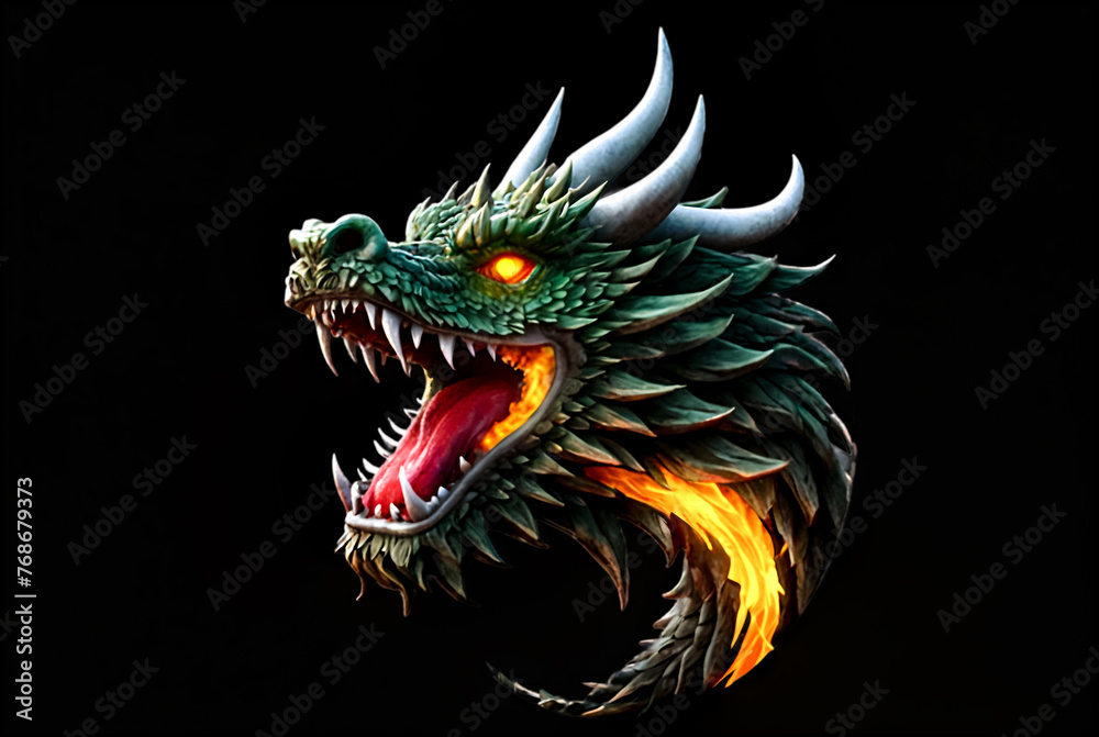 Logotype of fire chinese dragon head with flame fire, colorful image. Symbol and fantasy mascot monster for design ideas. Logotypes design concept. Generative Ai cartoon illustration. Mock-up poster