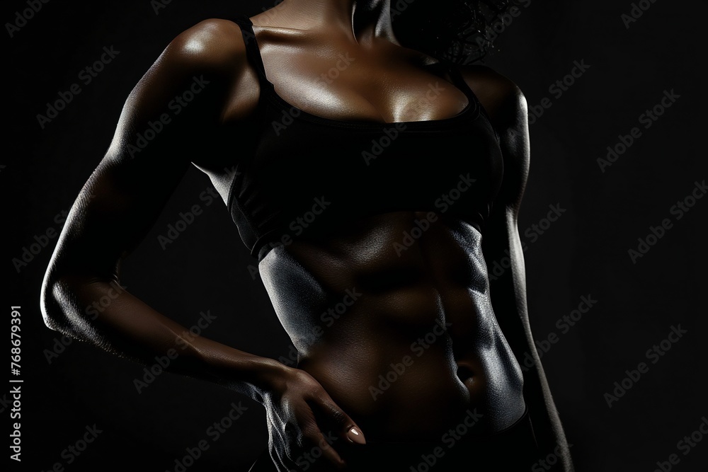 female fitness model torso in black top with defined abdominal muscles female fitness model torso in black top with defined abdominal muscles