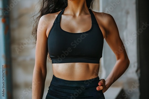 female fitness model torso in black top with defined abdominal muscles