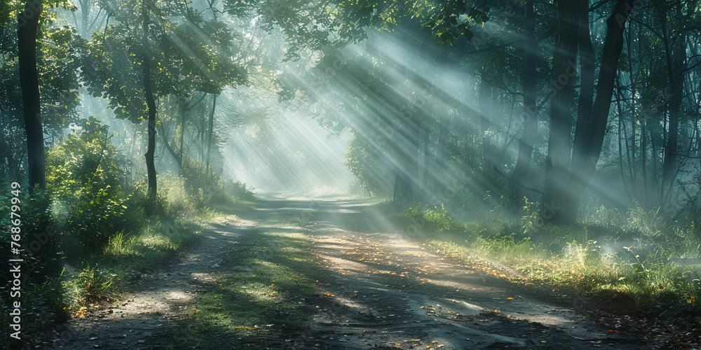 The first rays of sunlight cut through the mist of a forest morning, creating a dramatic scene of light and shadow
