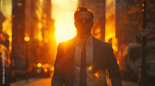 Hustle Lifestyle, Backlit Businessman Walking in the City Sunshine toward the Vibrant Business Center, Stylish Urban City Life in Style, Silhouette of Model Walk to Busy Town.