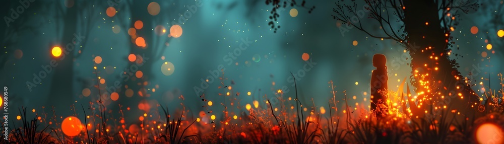 In this digital creation, a mystical forest is alive with luminous particles and glowing orbs, casting an enchanting atmosphere. In this digital creation, a mystical forest is alive with luminous particles and glowing orbs, casting an enchanting atmosphere.