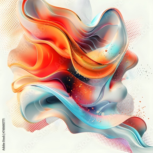 An abstract fluid art piece, swirling with vibrant orange and blue hues, speckled with dots and encapsulating a sense of dynamic motion.