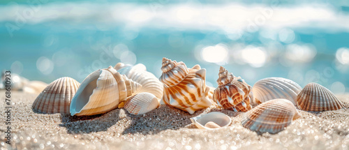Close-up of various seashells scattered across the sandy beach, framed by the vast expanse of the ocean in the background. A tranquil coastal scene capturing the beauty of nature's creations. © Evgeniia