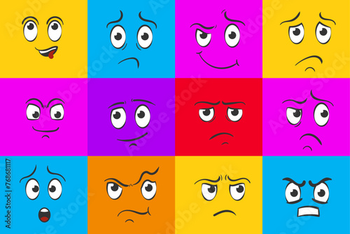 Cartoon faces. Expressive eyes and mouth, smiling, crying and surprised facial expressions of the character. Cartoon comic emotions or doodle emoticon. Set of icons isolated vector illustration.