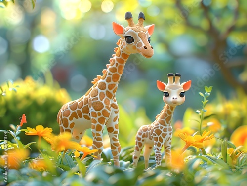 Two cute giraffe model are playfully posed among vibrant orange flowers in a sun-dappled, verdant glade.